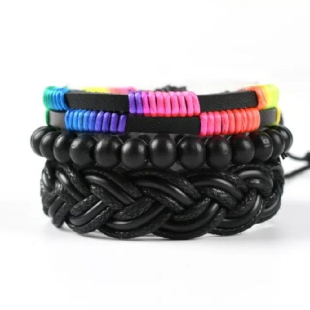 Rainbow & Black Braided Leather Bead Bracelet Set